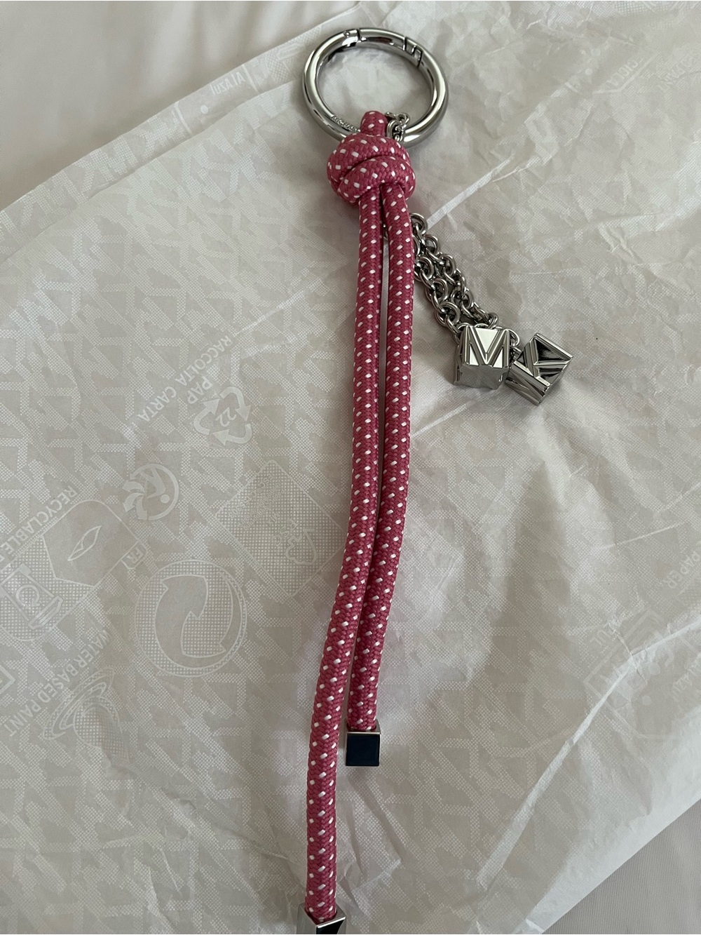 Michael Kors Pink Braided Rope Tassel Keyring, Bag Charm with Silver MK Charms - Picture 12 of 12